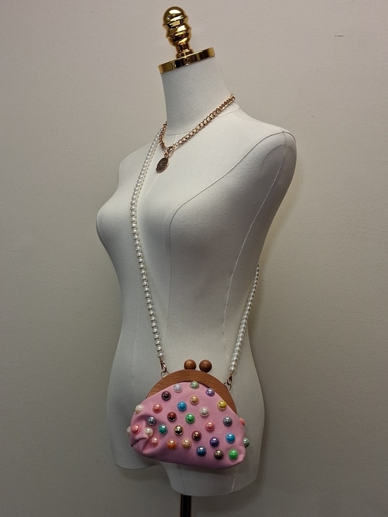 Source Unknown Handbags - Pearl Handle Studded Crossbody Bag Pink Clutch Wooden Frame Kiss Lock NWOT